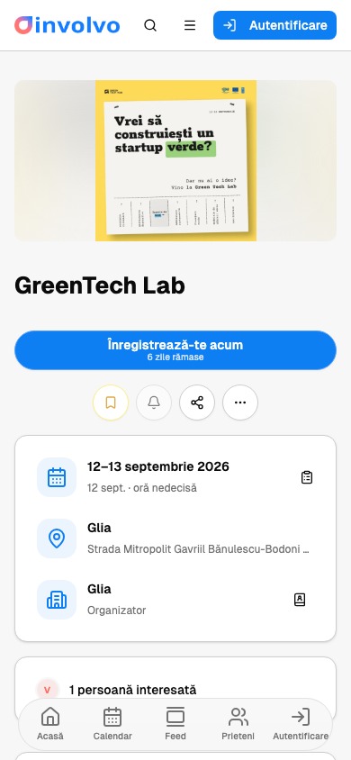 Pagina unui eveniment: imagine, titlu, dată, loc și organizator.